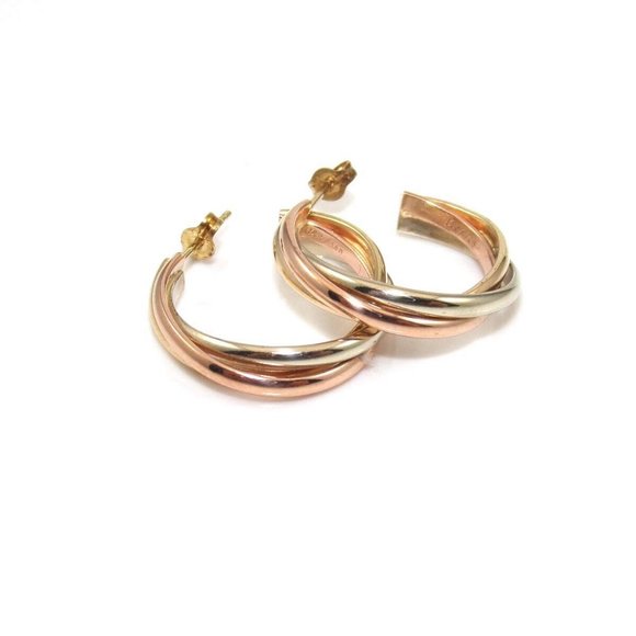 14K Yellow White Rose Gold Tri-Gold Weave Woven Hoop Earrings